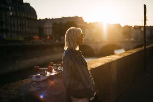 People Girl Standing Alone Sunset Street