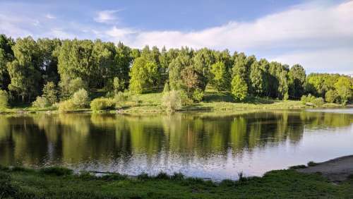Pond River Landscape Forests Green Calm Trees