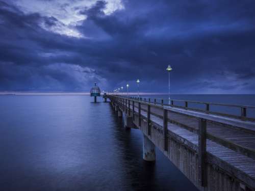 Sea Bridge Diving Bell Sea Blue Hour Baltic Sea