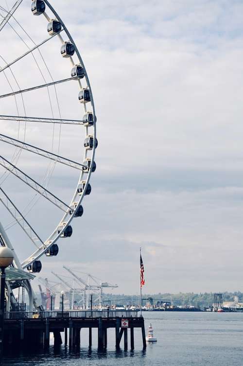Seattle America Usa Ferris Wheel City Water