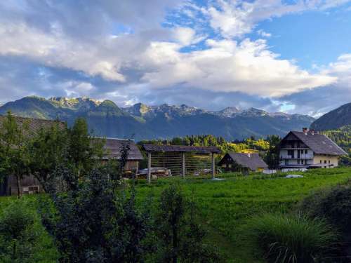 Slovenia Alps Village Haystacks Mountains