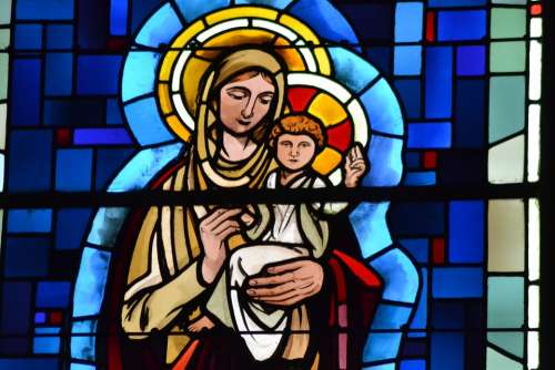 Stained Glass Colorful Mom Child Mary Jesus Hands