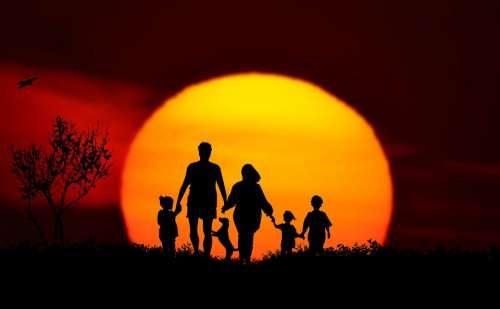 Sunset Family Landscape Silhouette More Children