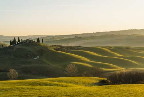 Tuscany Sun Hills Green Landscape Sunset Trees