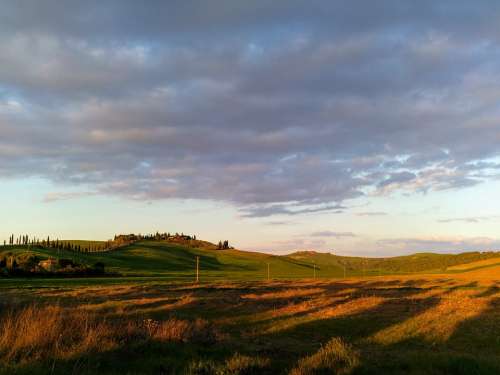 Tuscany Italy Hills Sunset Panorama Castle Clouds