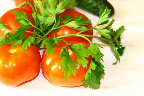 White Background Four Red Tomato Green Parsley