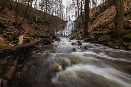 Rushing Water Flows Quickly Away From Cascading Waterfalls Photo