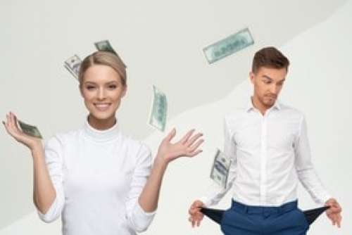 Smiling Woman Throwing Money Bills And Man Showing Empty Pockets