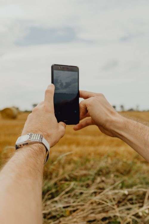 The man is using his phone at the lake