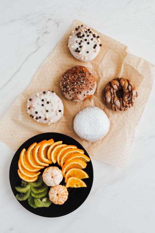 Donuts & Pączki with fruit and coffee
