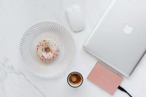 Macbook Laptop, donuts & coffee
