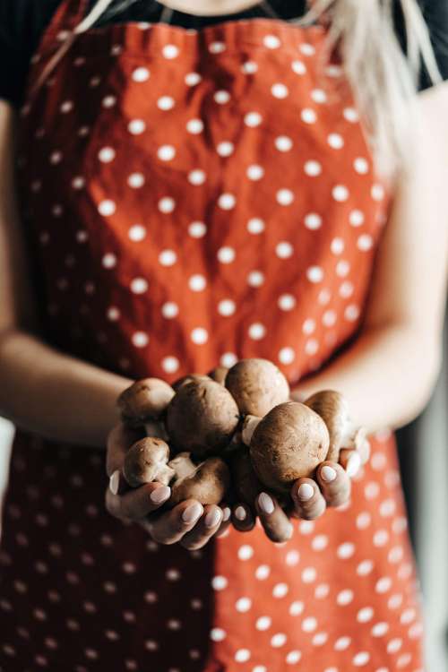 Woman Holding Fresh Mushrooms in the Kitchen Free Photo