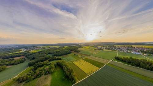 Aerial View Switzerland Sunset Fields Evening