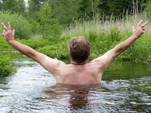 Bach River Man Human Swim Water Nature Meadow