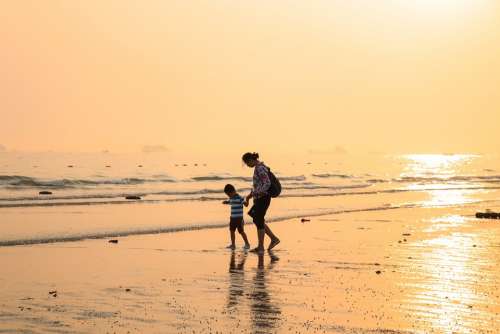 Beach Sea Sunset Mother Mom Son Child Family