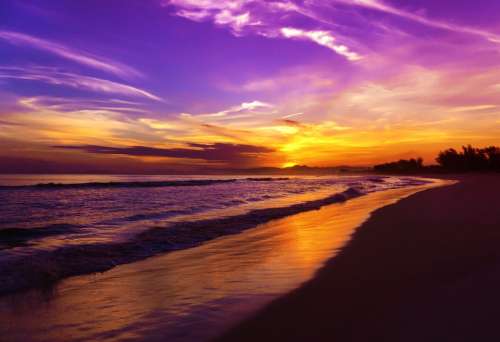 Colorful Sunset Beach Ocean Sea Seaside Clouds