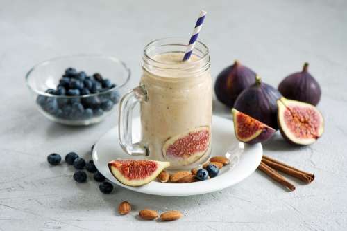 Drink Breakfast Fruits Nuts Blueberries Fig Table