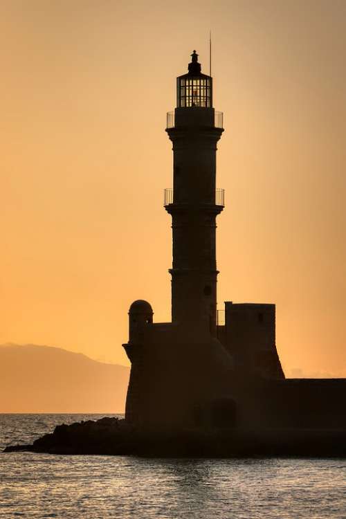 Lighthouse Crete Greece Port Sunset Landscape
