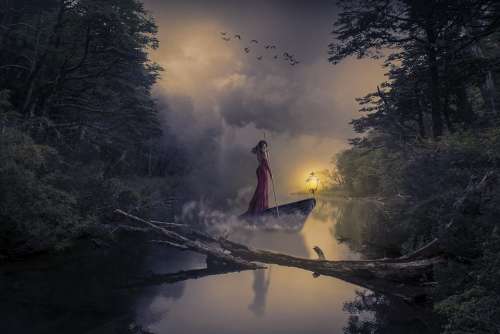 Manipulation River Forest Woods Woman Boat Birds