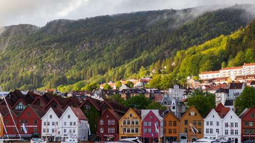 Norway Mountains Houses Port City Water Forest
