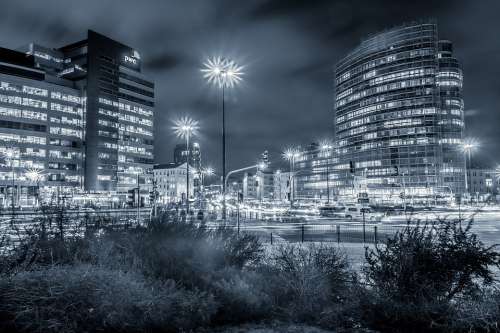 Office Buildings City Night Warsaw Bichromia