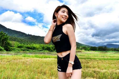 Rice Field Weather Woman Posing Asian Asia