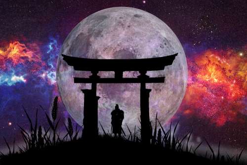 Silhoute Shadow Moon Knight Japan Gate Sky Night