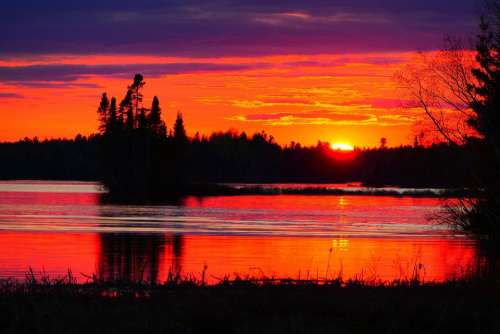 Sunset Nature Evening Twilight Water Trees Lake