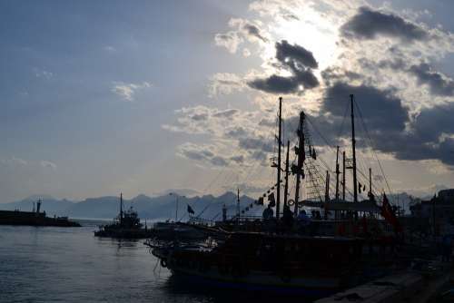 Turkey Antalya Marine Sunset Ship Taurus Mountains