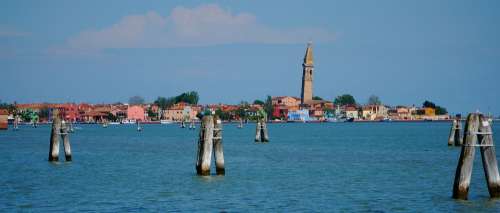 Venice Murano Tower Leaning Water Sky Blue Old