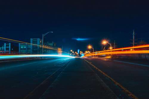 night buildings road lights long