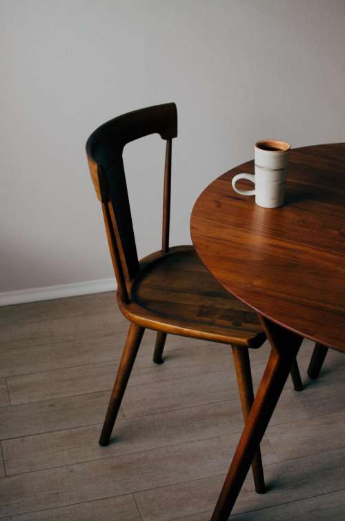 wooden chair table mug cup