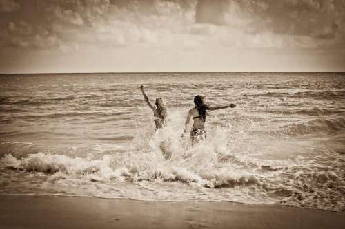 girls beach ocean sea waves