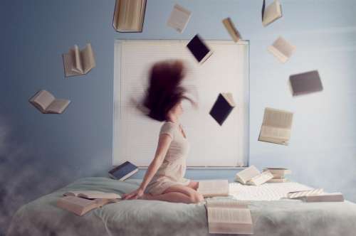 people woman books room bed