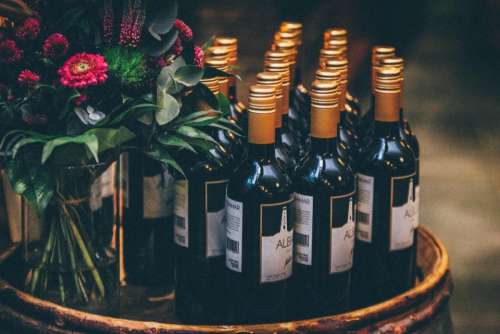 wine bottles wedding flowers bouquet