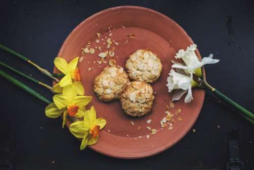 plate dessert almonds flower yellow