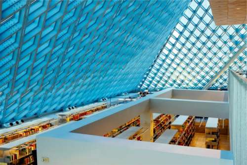 library books shelves skylight ceiling