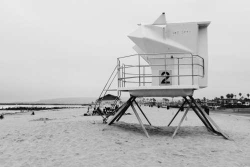 beach sand lifeguard black and white