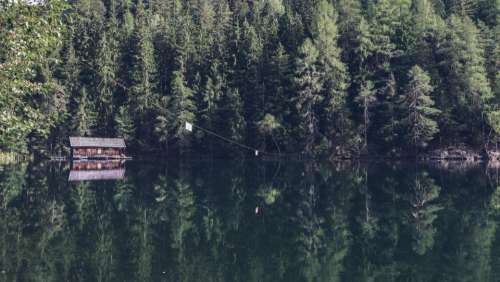 nature water lake reflection cabin