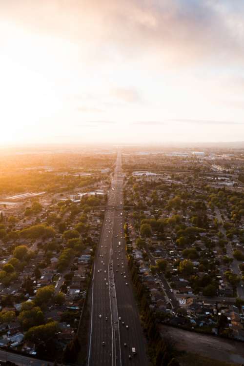 aerial commute roads sunset sky
