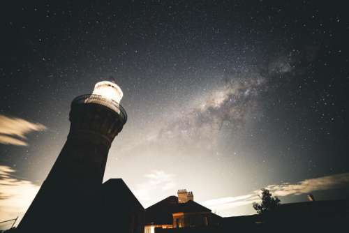 lighthouse dark night sky stars