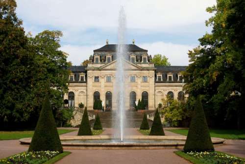 building architecture fountain water trees