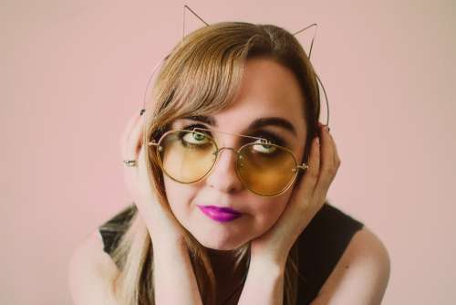 quirky woman sunglasses cats ears lip stick