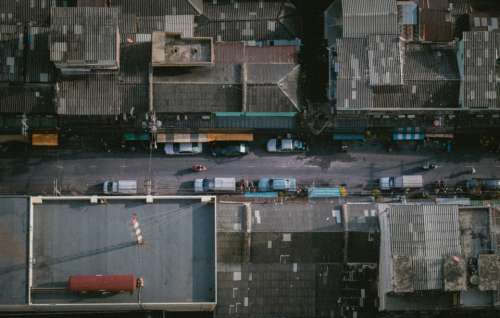 top perspective road buildings cars