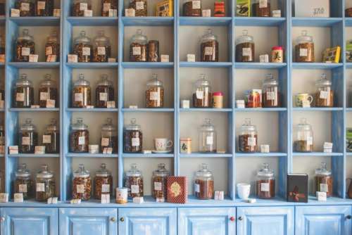 tea jars shelves cupboard kitchen