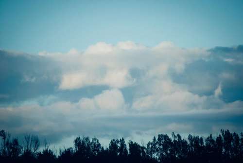 blue sky clouds tree line silhouette