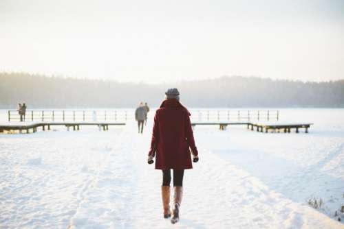 girl woman walking outdoors snow
