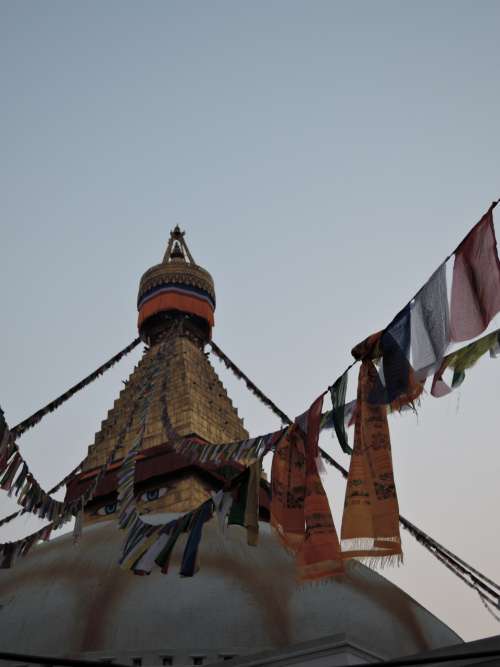 nepal temple flags dawn sunrise