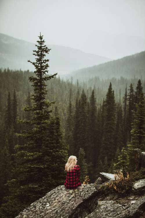 girl blonde plaid flannel mountains
