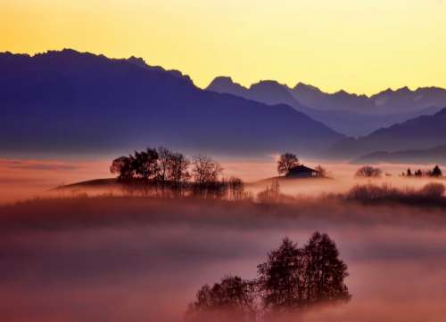 mountain highland landscape fog sky